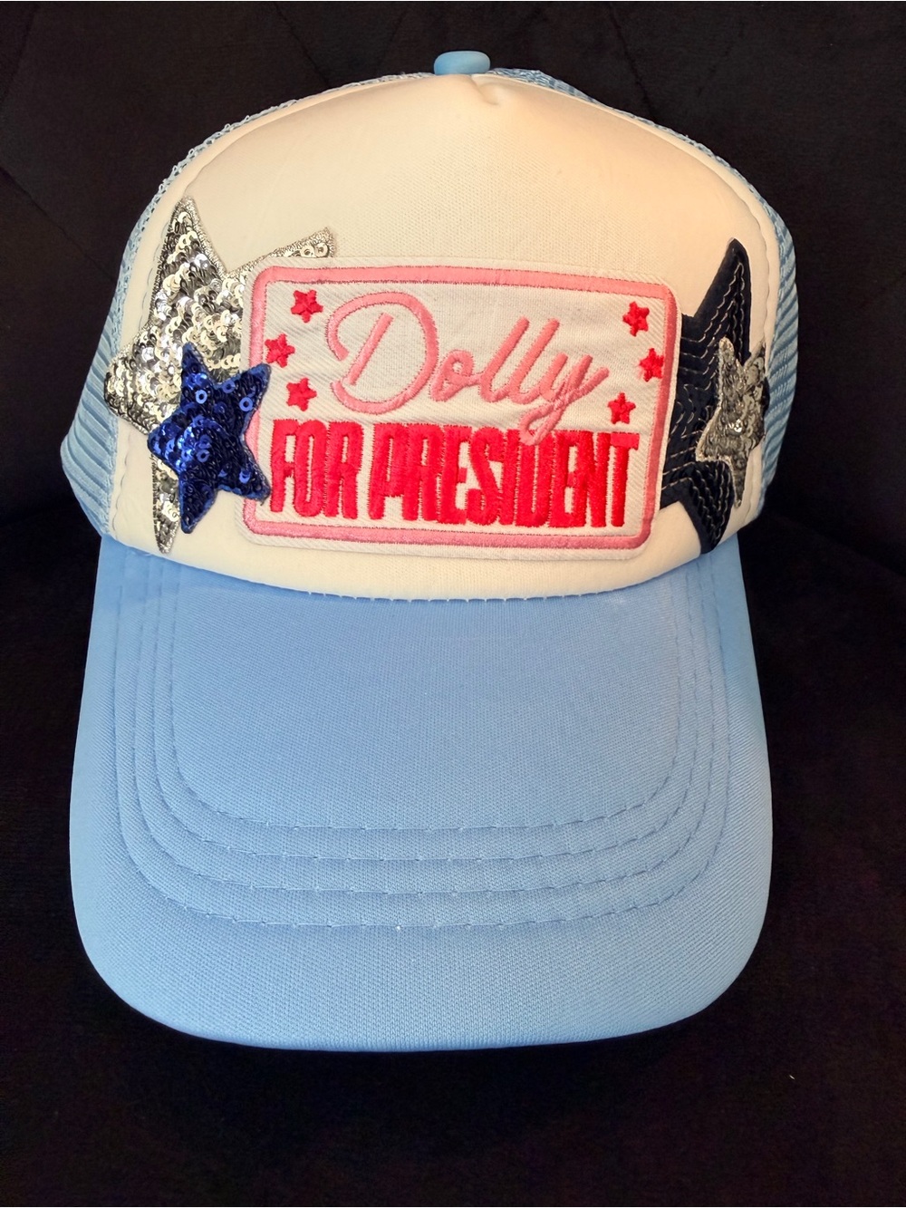 Dolly Parton For President Baby Blue & White Sequin Star Trucker Hat